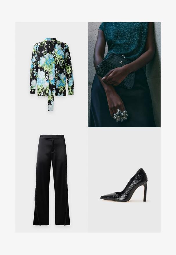 Blusa floreale con sfondo nero e motivi floreali blu e verdi, maniche lunghe e colletto rialzato. Include un dettaglio con fiocco.; Pantaloni in satin nero con gambe larghe, caratterizzati da dettagli in frange lungo le cuciture laterali e una cintura piatta in vita. Retro semplice senza tasche.; Scarpa nera con punta a punta alta in pelle di coccodrillo, caratterizzata da un design elegante, alto tacco a spillo e interno nero liscio.; Clutch bag nera con motivo coccodrillo e hardware argentato, appoggiata su uno sfondo grigio texture. Presenta una superficie lucida.