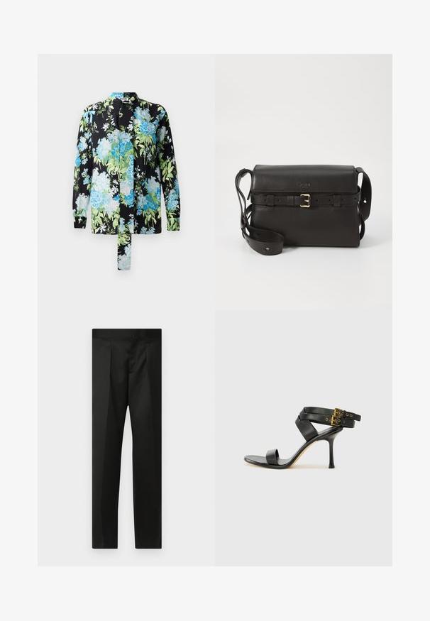 Blomstret bluse med sort baggrund og blå og grønne blomster mønstre, lange ærmer og stående krave. Indeholder en bånddetalje.; Sorte bukser med en glat stof, skræddersyet design, lige ben og en flad talje uden synlige lukninger eller lommer.; Sort hæl-sandal med krydsede stropper og justerbar spænde. Har en glat overflade og spids stilettohæl.; Sort læder håndtaske med en struktureret form. Har en guld spænde detalje, justerbar rem og en glat tekstur. Minimalistisk design.