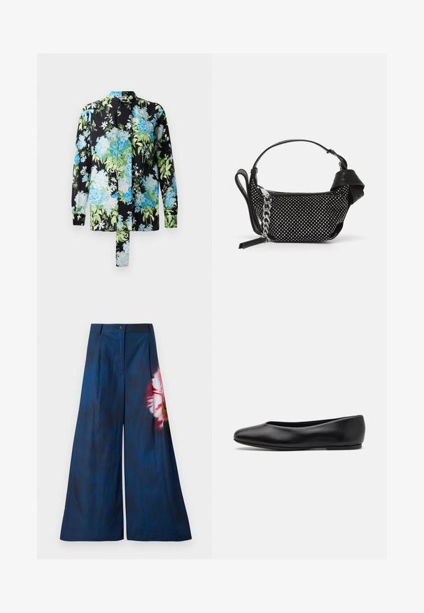 Floral blouse featuring a black background with blue and green floral patterns, long sleeves, and a stand-up collar. Includes a tie detail.; Wide-leg trousers in dark navy fabric, featuring a floral print in pink and yellow on one side, with a button closure at the waist.; Paul Smith TOPANGA - Ballet pumps - black; Black handbag with a textured design, adorned with silver studs and a chunky silver chain strap. Features a sleek, minimalist shape.