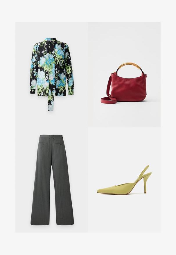 Bluză florală cu un fundal negru și modele florale albastre și verzi, cu mâneci lungi și guler în picioare. Include un detaliu cu un șnur.; Pantaloni cu croi larg din material gri închis. Au o textură netedă, două buzunare la spate cu închidere prin buton și un tiv clasic.; GIABORGHINI OCTAVIE - Tocuri înalte - green; Geantă de mână din piele roșie, cu un mâner curb și auriu, și curea de umăr ajustabilă, având o textură netedă și un design minimalist.