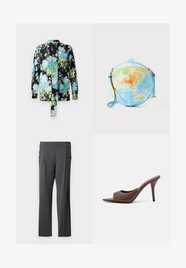 Blomstret bluse med sort baggrund og blå og grønne blomster mønstre, lange ærmer og stående krave. Indeholder en bånddetalje.; Grå skræddersyede bukser med lige ben, frontfolder og dekorative sidelommer for ekstra detalje. Glat stofstruktur.; Brune læder open-toe højhælede mules med et slankt design, der har en bred frontrem og en slank stiletto-hæl.; Rund skuldertaske, der ligner en globus, med en lyseblå bund og detaljeret kort i grønne, orange og blå nuancer; med gulddetaljer.