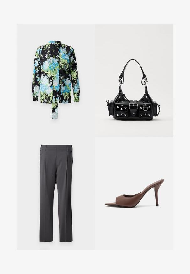 Kukkatoppi, jossa on musta tausta sinisillä ja vihreillä kukkakuosisilla, pitkät hihat ja pystykaulus. Sisältää nauhakiinnityksen.; Harmaat räätälöidyt housut, joissa on suora lahjetyyppi, etupleat ja koristeelliset sivunapit lisäyksinä. Sileä kankaanpinta.; Ruskean nahkakengät, joissa on avonainen varvas, korkea kanta ja tyylikäs muotoilu. Kengissä on leveä etuhihna ja hoikka stiletto-korko.; Musta nahkainen käsilaukku, jossa on kaareva muotoilu, hopeiset niitit, solki ja kaksi sivutaskua. Säädettävä olkahihna erilaisiin kantovaihtoehtoihin.