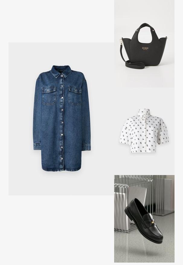 Cropped short-sleeve shirt in white cotton with a repeated black graphic pattern of faces wearing sunglasses. Button-down collar.; Denim shirt in dark blue, featuring a collar, front button closure, two chest pockets, and long sleeves with buttoned cuffs.; Black leather loafers with a smooth finish, featuring a decorative band and small gold accent. The sole is flat with a rounded toe.; Black textured handbag with short handles and a removable shoulder strap. Features a gold logo accent. Compact, structured shape.