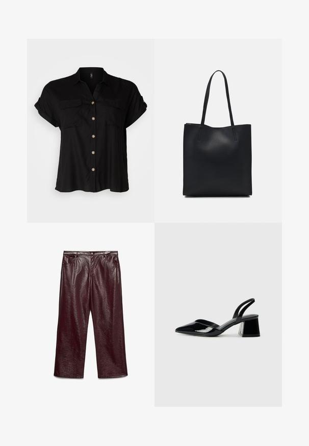 Črna kratka srajca s kratkimi rokavi in gumbi, z dvema žepoma na prsih, mehkim materialom, okroglim robom in zlatimi gumbi. Klasičen sproščen kroj.; Burgundske široke hlače iz umetnega usnja z sijajno teksturo, pet žepov in srebrnimi podrobnostmi.; Črne lakirane slingback pete s koničastim nosom in geometrijsko blokasto peto. Imajo eleganten, minimalističen dizajn in gladko teksturo.; Črna usnjena torba s svilnato teksturo, pravokotne oblike in dvema dolgima ročajema. Brez vidnih metalnih delov ali okrasnih elementov.