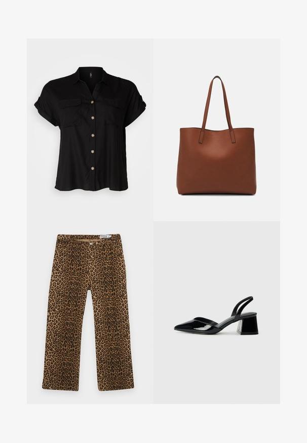 Cămașă neagră cu mâneci scurte și nasturi, având două buzunare pe piept, material moale, hem rotunjit și nasturi de culoare aurie. Design clasic cu croială lejeră.; Pantaloni cu imprimeu de leopard, având un model maro și negru, design cu picioare drepte și stil clasic cu cinci buzunare. Fabricat dintr-o țesătură din bumbac și fibre sintetice.; Pantofi cu toc slingback din piele lacuită neagră, cu vârf ascuțit și toc geometric. Prezintă un design elegant, minimalist și o textură netedă.; Geantă de umăr din piele maro cu o textură netedă, design cu vârf deschis și două curele pentru umăr. Prezintă cusături minime și fără componente metalice vizibile.