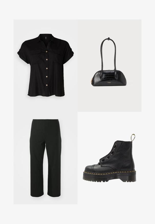 Black short-sleeve button-up shirt with two chest pockets, soft fabric, rounded hem, and gold-tone buttons. Classic loose-fit design.; Vero Moda Curve VMCAUGUSTA PANT - Trousers - black; Black leather ankle boot with textured surface, round toe, lace-up design, yellow stitching, and a thick, ridged black platform sole.; Black crocodile-patterned handbag with a smooth texture, rounded shape, and two slender handles. Gold logo accent near the base.; Silver hoop earrings with a smooth, polished surface and a thin, circular shape. The design features a secure clasp.