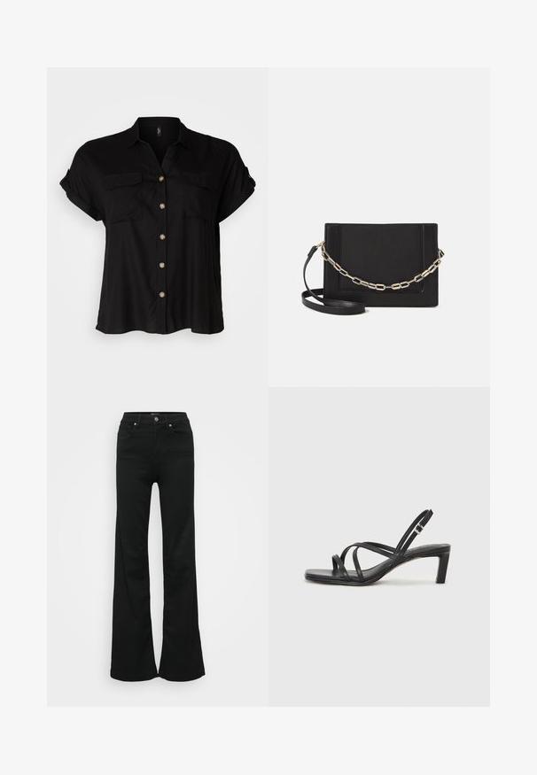 Chemise à manches courtes noire avec boutons, deux poches poitrine, tissu doux, ourlet arrondi et boutons dorés. Design classique à coupe ample.; Jean noir évasé en denim, doté d'une taille haute, de cinq poches et d'une fermeture à bouton en métal. Texture lisse avec un minimum de détails.; Sandale noire à lanières avec un bout carré et un petit talon bloc. Elle présente plusieurs fines lanières et une sangle de cheville ajustable. Fabriquée en cuir lisse.; Sac bandoulière en cuir noir avec une texture lisse, de forme rectangulaire et un détail en chaîne métallique à l'avant. Sangle réglable incluse.