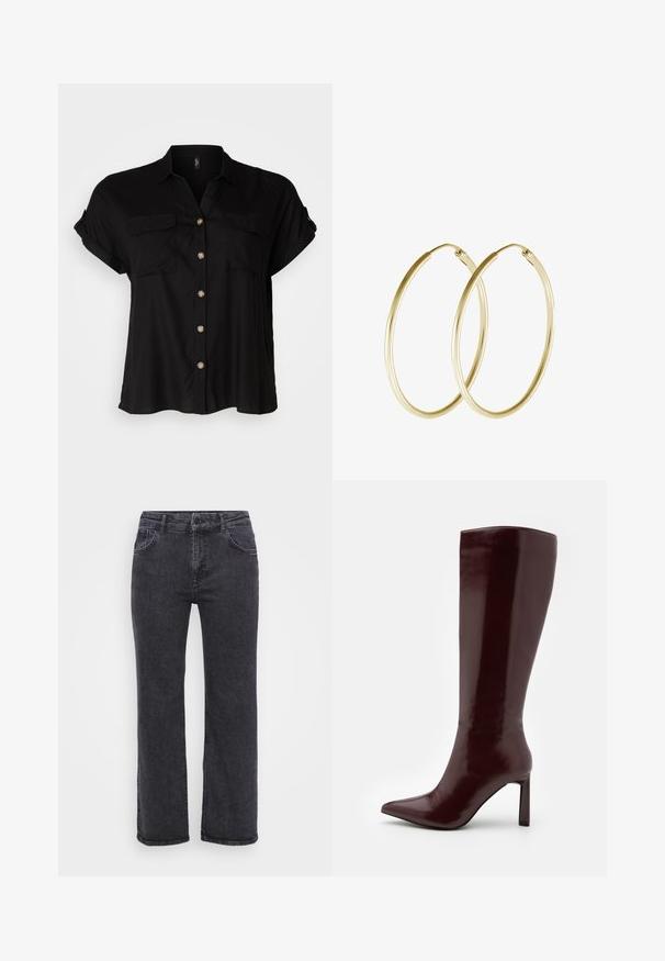 Čierna krátka polokošeľa s gombíkmi, dvoma náprsníkovými vreckami, mäkkou tkaninou, zaobleným lemom a zlatými gombíkmi. Klasický voľný strih.; Čierne džíny z denimu so strihom rovného nohavice, piatimi vreckami a zapínaním na gombík. Tkanina má mierne vyblednutú textúru a robustné šitie.; Even&Odd Čižmy - dark red; Zlaté kruhové náušnice s hladkým, zaobleným dizajnom a lesklým povrchom. Ľahká konštrukcia s bezpečným zapínaním.