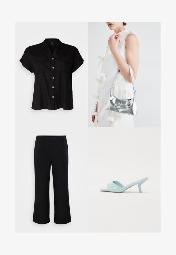 Black short-sleeve button-up shirt with two chest pockets, soft fabric, rounded hem, and gold-tone buttons. Classic loose-fit design.; Black wide-legged pants made of smooth fabric with an elastic waistband. Simple design, no patterns or visible hardware.; Light blue heeled slide sandal featuring a crocodile texture, open toe, and a slim stiletto heel. Smooth shiny finish with no embellishments.; Silver metallic handbag with a structured shape, featuring a top handle and bow detail on the front. Smooth texture, reflective finish.