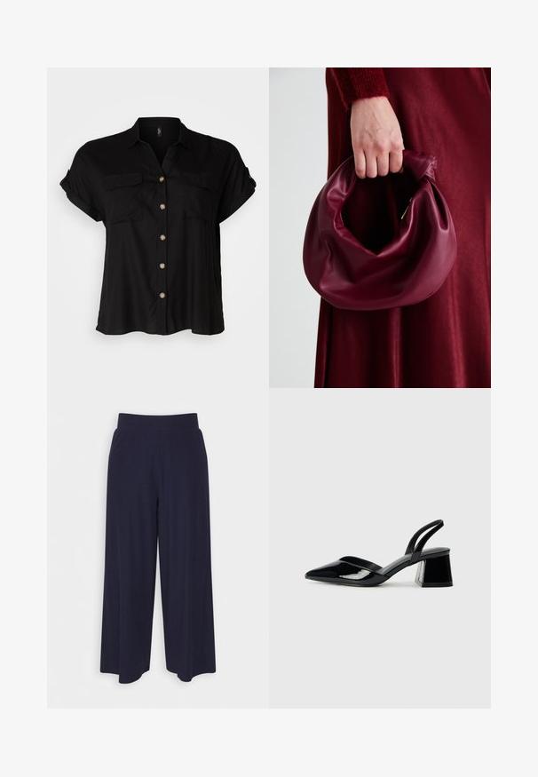 Black short-sleeve button-up shirt with two chest pockets, soft fabric, rounded hem, and gold-tone buttons. Classic loose-fit design.; Wide-leg trousers in dark navy fabric with a ribbed texture. Features a smooth waistband and a flowy silhouette, reaching mid-calf length.; Black patent leather slingback heels with a pointed toe and a geometric block heel. Features a sleek, minimal design and smooth texture.; Burgundy leather handbag with a soft, gathered design and a rounded shape. The handle is secured, showcasing a smooth texture.