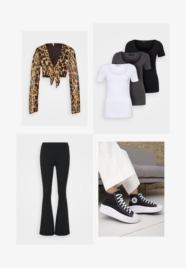 Top corto con stampa leopardata e maniche lunghe e trasparenti. Presenta un profondo scollo a V e un dettaglio con legatura frontale. Colori prevalentemente marrone e nero.; Tre T-shirt aderenti in bianco, grigio e nero. Ognuna presenta un ampio scollo a barca e maniche corte. Realizzate in un tessuto morbido e elastico.; Pantaloni neri a zampa d'elefante realizzati in tessuto elasticizzato, con una vita alta e una superficie liscia. I pantaloni si allargano a partire dal ginocchio.; Sneaker alte nere in tela con suole e lacci bianchi. Presentano un logo circolare sul lato e cuciture bianche a contrasto.