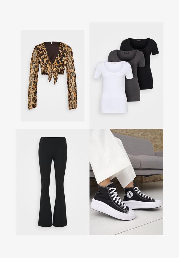 Leopardi-kuosiset lyhyt topit, joissa on pitkät, läpipainopintaiset hihat. Ominaisuuksiin kuuluu syvä V-pääntie ja etuosan solmiasetelma. Pääasiassa ruskeita ja mustia värejä.; Kolme istuvaa T-paitaa valkoisena, harmaana ja mustana. Jokaisessa on leveä avara pääntie ja lyhyet hihat. Valmistettu sileästä ja joustavasta kankaasta.; Mustat leveät housut, jotka on valmistettu joustavasta kankaasta, ja joissa on korkea vyötärö sekä sileä pinta. Housut levenevät polven kohdalla.; Mustat korkeavartiset tennarit, joissa valkoiset kumipohjat ja nauhat. Koristettu pyöreällä logotarralla ja valkoisilla kontrastisaumoilla. Materiaali on canvas.