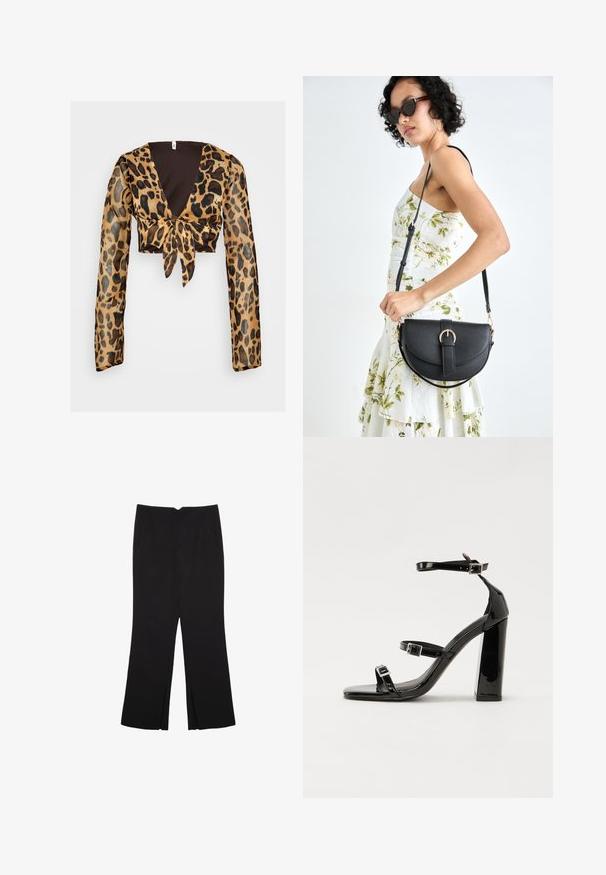 Halenka so zvieracím vzorom, skrátená s dlhými, priesvitnými rukávmi. Obsahuje hlboký výstrih do V a detail vpredu so zaväzovaním. Predovšetkým hnedé a čierne farby.; Čierne nohavice so strihom rovného strihu, s prednými vreckami a bočnými rozparkami na leme. Vyrobené z mäkkej, hladkej tkaniny. Vhodné na rôzne príležitosti.; Čierne lakované sandále na podpätku so štvorcovou špičkou, navlečenými remienkami okolo členku a striebornými prackami. Disponujú masívnym blokovým podpätkom pre stabilitu.; Čierna kožená kabelka s zaobleným tvarom, odnímateľným popruhom a zlatými doplnkami. Kabelka má klopu s detailom s prackou.