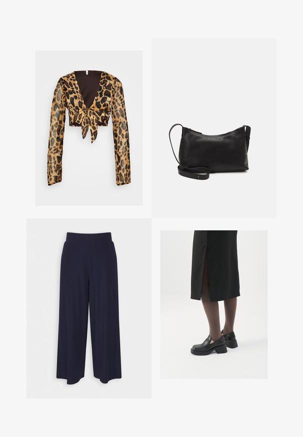 Leopard-print cropped top med lange, gennemsigtige ærmer. Har en dyb V-halsudskæring og en detalje med front-bindebånd. Primært brune og sorte farver.; Bredde bukser i mørkeblå stof med en ribbet tekstur. Har en glat talje og en let silhuet, der når til midten af læggen.; Sorte lædersko med rund tå, kraftig blokhæl og elastiske sideaccentuer, parret med mørke strømpebukser og en sort nederdel med slids.; Sort læder skuldertaske med en glat tekstur, buet form, justerbar rem og lynlås. Minimalistisk design uden udsmykninger.