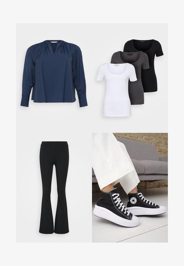 Tamsiai mėlynas ilgomis rankovėmis bluzonas su V formos iškirpte, minkšta medžiaga, raukšlėtos pečių detalės ir rankogaliai rankovėse. Paprasta ir laisva forma.; Trys priderinti marškiniai: balti, pilki ir juodi. Kiekvienas turi plačią apvalią iškirptę ir trumpas rankoves. Pagaminti iš lygaus, tamprių audinio.; Juodai platėjantys kelnių, pagamintų iš tamprių medžiagų, kurie turi aukštą juosmenį ir lygią tekstūrą. Kelnės platėja nuo kelio.; Juodi aukštakulniai sportbačiai su baltais guminiu padu ir raišteliais. Ant jų yra apvalus logotipo lopas ir kontrastingos baltos siūlės. Pagaminti iš drobės medžiagos.