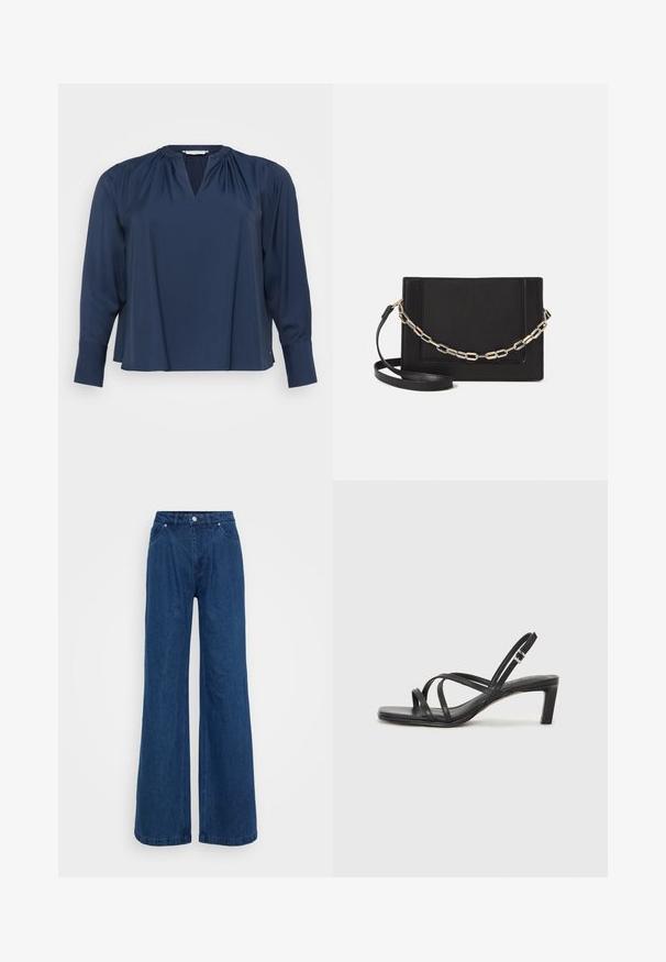 Tamsiai mėlynas ilgomis rankovėmis bluzonas su V formos iškirpte, minkšta medžiaga, raukšlėtos pečių detalės ir rankogaliai rankovėse. Paprasta ir laisva forma.; Mėlynos plačios džinsinio audinio kelnės su aukšta juosmens linija, priekyje mygtukas ir užtrauktukas, bei priekinės ir užpakalinės kišenės prieš paprastą foną.; Juodi šlepetės su kvadratiniu pirštu ir žemu bloku kulnu. Yra keli ploni dirželiai ir reguliuojamas kulkšnies diržas. Pagaminti iš lygios odos.; Juodas odinis per petį nešiojamas krepšys turi lygų paviršių, stačiakampio formą ir metalinę grandinėlę priekyje. Pridedama reguliuojama dirželis.