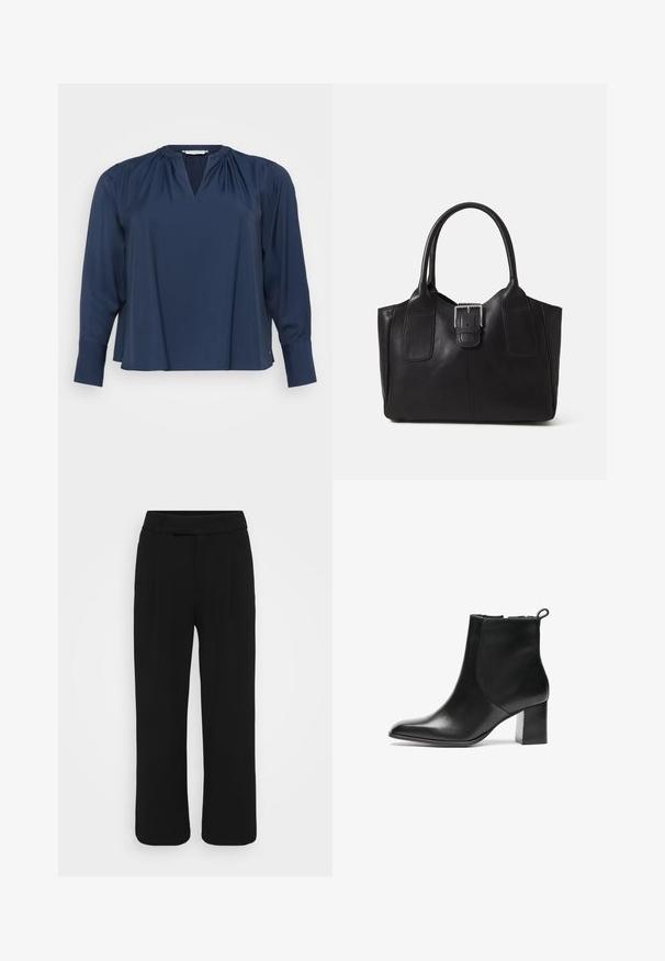 Navy blue long-sleeve blouse with a V-neck, soft fabric, gathered shoulder detailing, and cuffs at the sleeves. Simple and relaxed fit.; Black wide-leg pants made of a smooth fabric, featuring a flat front, belt loops, and no visible pockets. Clean, tailored design.; Black leather ankle boot with a rounded toe, a mid-height block heel, and a pull tab at the back. Smooth texture, minimal design.; Black leather tote bag with smooth texture, structured shape, two handles, and a prominent silver buckle detail on the front.