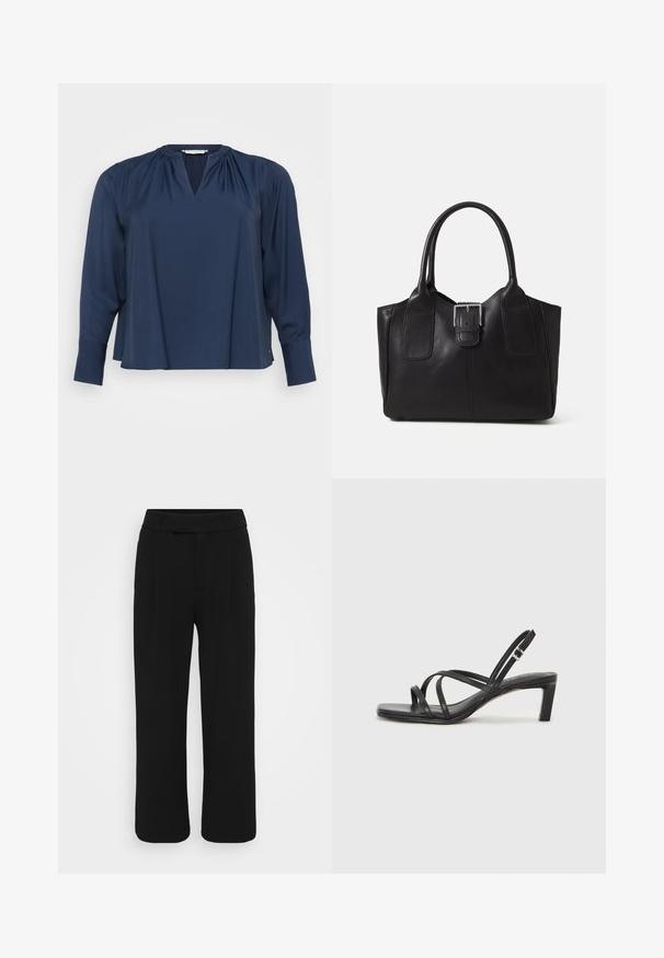 Navy blue long-sleeve blouse with a V-neck, soft fabric, gathered shoulder detailing, and cuffs at the sleeves. Simple and relaxed fit.; Black wide-leg pants made of a smooth fabric, featuring a flat front, belt loops, and no visible pockets. Clean, tailored design.; Black strappy sandal with a square toe and a low block heel. Features multiple thin straps and an adjustable ankle strap. Made of smooth leather.; Black leather tote bag with smooth texture, structured shape, two handles, and a prominent silver buckle detail on the front.