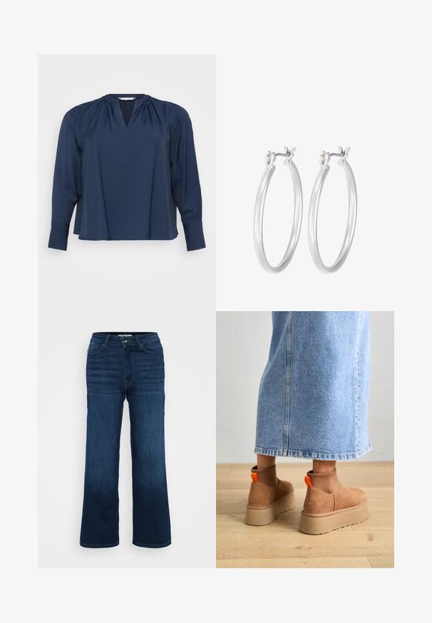 Tums zila garām piedurknēm blūze ar V veida kakla izgriezumu, mīksta auduma, ar saliktām plecu detaļām un aprocēm uz piedurknēm. Vienkārša un brīva piegriezuma.; ONLY Petite ONLMADISON BLUSH WIDE - Džinsi ar platām starām - dark blue denim; Brūni zamšādas platforma zābaki ar elastīgiem sānu paneļiem un oranžām cilpām, apvienoti ar līdz ceļgaliem garu gaišā denima svārku uz koka grīdas.; Sudraba riņķveida auss gredzeni ar gludu, pulētu apdari. Apaļa forma un drošs klikšķa augšējais slēgums. Viegls dizains, kas piemērots ikdienas valkāšanai.