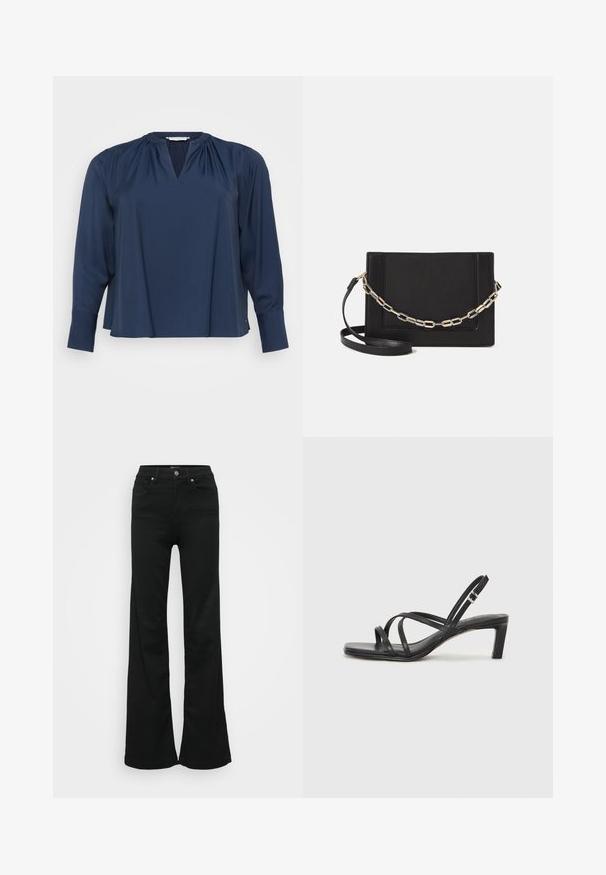 Mørkeblå langermet bluse med V-hals, mykt stoff, rynkede skulderdetaljer og mansjetter på ermene. Enkel og avslappet passform.; Svarte utsvingte jeans laget av denim, med høy midje, fem lommer og metallknapplukking. Glatt tekstur med minimal detaljering.; Sorte sandaler med stropper, firkantet tå og lav blokk hæl. Har flere tynne stropper og en justerbar ankelstropp. Laget av glatt lær.; Svart lær crossbody-veske med glatt tekstur, rektangulær form og metallkjede detaljer på framsiden. Justerbar stroppe inkludert.
