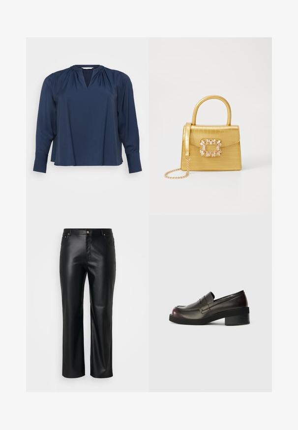 Mørkeblå langermet bluse med V-hals, mykt stoff, rynkede skulderdetaljer og mansjetter på ermene. Enkel og avslappet passform.; Svarte falske skinnbukser med rett snitt, med beltehemper, frontlommer, og glidelås med knappelukking. Glatt tekstur.; Mørkebrune lærloafers med rund tå, sømdetaljer og en moderat blokkheel. Glatt tekstur, minimalistisk design.; Gul faux-krokodille veske med en strukturert design, toppen håndtak, avtagbar kjede stropp, og dekorativ krystallbortsettelse på låsen.