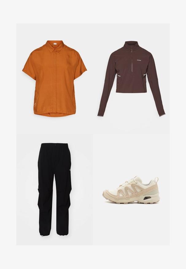 Camisa de manga corta de color naranja, hecha de una tela ligera, con botones al frente, cuello y un dobladillo ligeramente redondeado.; Sudadera deportiva de manga larga color marrón oscuro con cremallera de cuarto y cuello alto, pequeño logo blanco en el pecho y un sutil detalle en los laterales.; Pantalones exteriores negros fabricados con material duradero, con un corte holgado, cintura elástica y puños ajustados para longitud regulable.; Zapatilla deportiva beige y crema con parte superior de malla texturizada, superposiciones de soporte y suela de goma con un patrón de tracción.