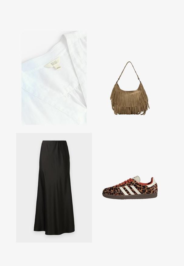 Biała lniana koszula z dekoltem w serek, z metką "next 100% LEN". Gładka tekstura, lekki materiał, proste detale szwów.; Czarna satynowa spódnica maxi o gładkiej fakturze, z wysokim stanem i rozszerzanym dołem. Charakteryzuje się prostym wzornictwem, bez widocznych wzorów czy elementów metalowych.; Sneakers w nadrukiem lamparta z zamszowego materiału, czerwonymi sznurówkami i trzema białymi paskami z boku. Wyróżniają się kremowym językiem i brązową podeszwą.; Brązowa torebka z zamszu z długimi frędzlami, o zakrzywionym kształcie i pojedynczym paskiem na ramię. Posiada gładką, teksturowaną powierzchnię.