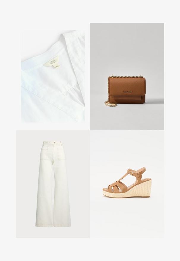 Chemise en lin blanche avec un design à col en V, ornée d'une étiquette indiquant "next 100% LIN". Texture lisse, tissu léger, détails de couture simples.; Jeans large en denim écru. Design taille haute avec une fermeture à bouton, deux poches avant et des détails de surpiqûres contrastantes.; Sandales compensées en tan avec un design à lanières croisées, boucle réglable à la cheville et une semelle compensée en espadrille tissée texturée.; Sac en cuir texturé marron en bandoulière avec une sangle en chaîne dorée et une fermeture à rabat. L'avant présente un détail de logo et une poche sous le rabat.