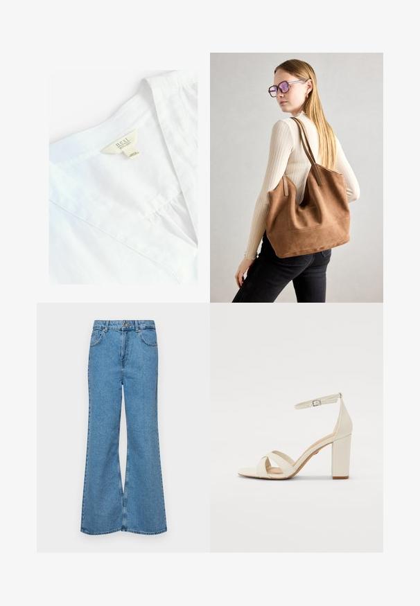 Valge linane särk V-kaelusega, mille sildil on kiri "next 100% LINEN." Sile tekstuur, kerge kangas, lihtsad õmbluse detailid.; Heledad sinine flared teksade rõivad, millel on kõrge talje, viis taskut ja üks nupulukk. Pehme tekstuur ja pleekinud viimistlus.; Kreemivärvi kontsaga sandaal, ruudukujulise toe, ristuvad rihmad, pahkluu rihm klambri ja tugeva kontsaga. Sile nahktekstuur.; Pruunist suedi kott pehme tekstuuriga, suure ava ja pikkade rihmadega. Omab lihtsat disaini nähtava õmblusega ja ilma metalldetailideta.