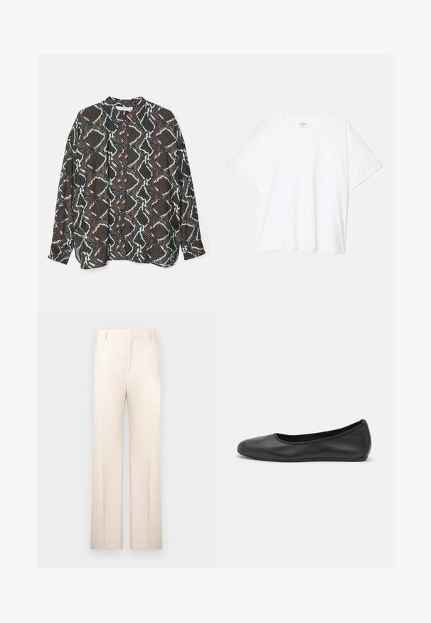 Gemustertes Hemd mit Knopfleiste, das ein abstraktes Design in Schwarz, Weiß und Rot zeigt. Hergestellt aus leichtem Stoff mit lockerer Passform und langen Ärmeln.; Weißes Baumwoll-T-Shirt mit kurzen Ärmeln, runder Halslinie, lockerer Passform und genähtem Saum. Etikett sichtbar am inneren Kragen.; Beige maßgeschneiderte Hose mit geradem Schnitt, aus leichtem Stoff gefertigt. Sie verfügt über Vorderfalten und einen klassischen Bund.; Schwarze Leder-Ballettschuhe mit abgerundeter Spitze, glatter Textur, minimalen Nähdetails und einem flexiblen Sohlen-Design.
