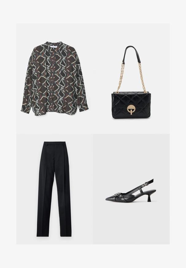 Mønstret skjorte med knapper, der præsenterer et abstrakt design i sort, hvidt og rødt. Fremstillet af letvægtsstof med en afslappet pasform og lange ærmer.; Sorte bukser lavet af glat stof, der har høj talje, brede ben, frontfolder og klassiske bælteløkker. Ingen synlige sidelommer.; Sort lædersandal med spids tå, dekorative stropper med metaløjer og en lav blokhæl. Struktureret overflade.; Sort patchworklæder håndtaske med en guldkæde-strop, der har en cirkulær spænde detalje. Kompakt rektangulær form med en glat tekstur.