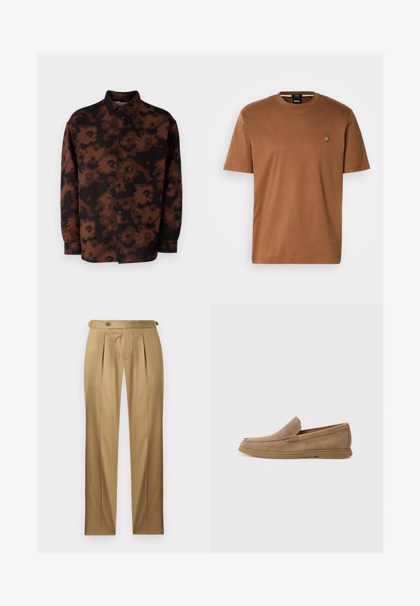 Samsøe Samsøe SALUAN - Camicia - aster cappuccino; T-shirt marrone a maniche corte realizzato in tessuto morbido, con scollo a girocollo e una piccola etichetta con logo sul petto. Texture liscia.; Pantaloni beige con vestibilità dritta, caratterizzati da pinces, chiusura con bottone e passanti per cintura. Tessuto liscio con un aspetto pulito e sartoriale.; Mocassini slip-on in suede marrone con una texture liscia e dettagli cuciti; presentano una suola in gomma per una migliore aderenza.