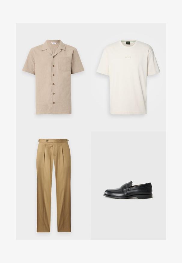 Beige kortermet skjorte i et teksturert stoff, med krage, brystlomme og brune knapper foran.; BOSS TEE - T-shirts - open white; Beige bukser med rett passform, med folder, knappestenging og beltehemper. Glatt stoff med et rent, skreddersydd utseende.; Sorte skinnmokasiner med rund tå, sydd detaljer og en flat gummisåle. Har et bredt bånd over vristen.