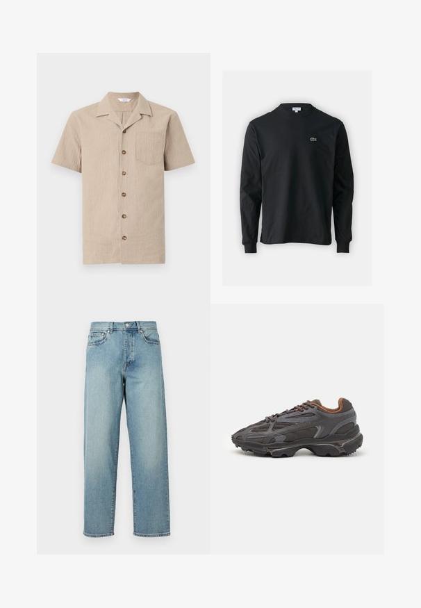 Camisa de manga corta beige en un tejido texturizado, con cuello, un bolsillo en el pecho y botones marrones en el frontal.; Camiseta de manga larga negra de algodón, con escote redondo y un pequeño logo de cocodrilo bordado en verde en el lado izquierdo del pecho.; Jeans de mezclilla azul claro con un corte amplio, piernas rectas, diseño de cinco bolsillos y cierre de botón en la cintura. Detalle de costura minimalista.; Zapatillas Lacoste en gris oscuro con material de malla y sintético, que cuentan con una suela texturizada y detalles en marrón en el cuello y la marca.