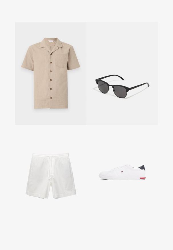 Beige színű, rövid ujjú póló texturált anyagból, nyakkal, mellzsebbel és barna gombokkal az elején.; Fehér pamut rövidnadrág, rugalmas derékkal és zsinórral, oldalsó zsebekkel és egyenes szabással, befejezett szegéllyel.; Fehér alacsony szárú sneaker sima bőrből. Tengerészkék sarokvédővel és piros díszítéssel a talpon. Hat fűzőlyuk a fűzők számára.; Fekete napszemüveg kerek lencsékkel, matt felülettel és jellegzetes macska szem formával. Vékony szárak, a bal oldali templomon diszkrét márkajelzéssel.