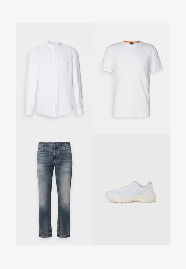 Bela lanena srajca z mandarin ovratnikom, sprednjim zapenjanjem na gumb, dolgimi rokavi in občutno teksturo. Opazna oranžna barva na ovratniku.; Bela bombažna majica s kratkimi rokavi in okroglim izrezom, z diskretnim reliefnim logotipom na prsih. Notranja oznaka ima oranžni akcent.; Modre kavbojke s naravnim reza. Svetle izbledelosti, klasična zasnova s petimi žepi in en sam kovinski gumb za zapiranje v pasu.; Bela športna obuvala iz mrežastega in semiš materiala, z teksturiranim podplatom, teksturiranimi dodatki in logotipom "HUGO" na strani.
