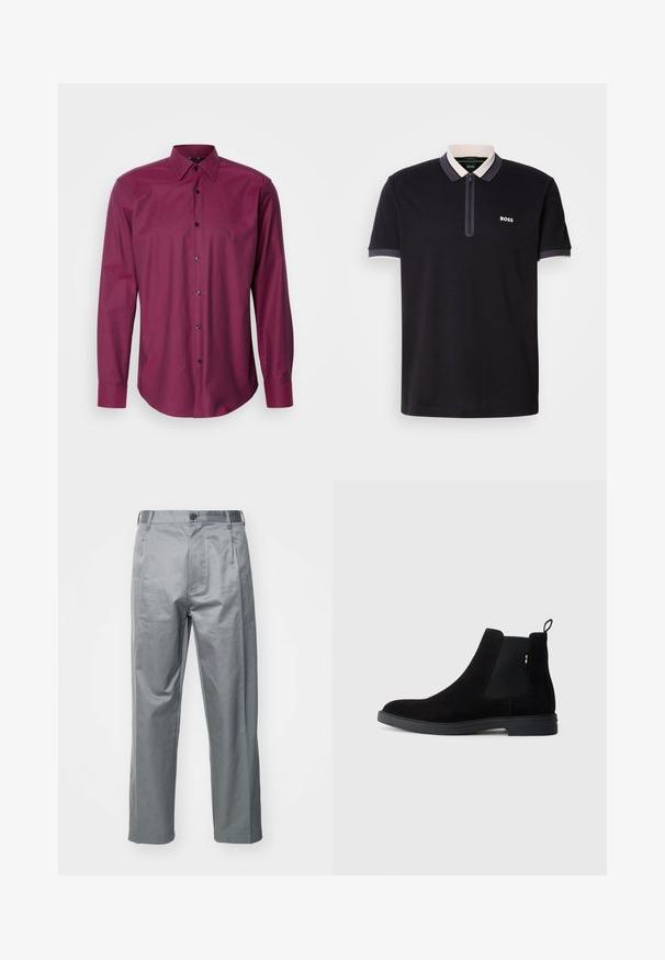 Burgundia pikkade varrukatega särk nööbiga kraega, tekstureeritud kangas ja tumedad nööbid, kumer helmik ja klassikaline istuvus.; Mustan puuvillane polo särk, millel on lukuga krae. Omab kontrastset valge ja halli krae äärist. "BOSS" logo vasakul poolel.; Hallitse hägatud puuvillasegused püksid, millel on sirge lõikega disain, ees nupuga kinnitus, vööde augud ja küljetaskud.; Mustad nubuk Chelsea saapad elastsete külgpaneelide, ümarate varvaste ja madala kummitaldiga. Tagaküljel on tõmblõng lihtsaks jalga panemiseks.