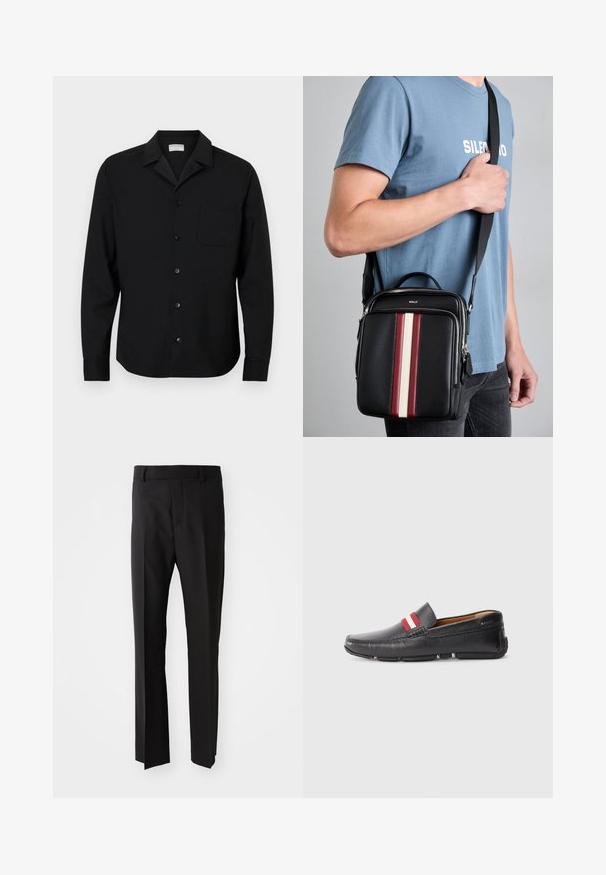Czarna koszula zapinana na guziki, wykonana z materiału o gładkiej teksturze, z wyłogowanym kołnierzykiem, przednią kieszonką i standardowymi mankietami.; Czarne spodnie o prostym kroju, wykonane z gładkiego materiału, z paskiem w szlufkach i bocznymi kieszeniami. Brak widocznych wzorów lub akcentów.; Czarne skórzane buty wsuwane z teksturowaną powierzchnią, z czerwono-białym paskiem na cholewce, zaokrąglony nos oraz gumowa podeszwa.; Czarna skórzana torba na ramię z pionowymi paskami w kolorze czerwonym, białym i beżowym. Posiada uchwyt u góry oraz regulowany pasek. Widoczny zamek błyskawiczny.