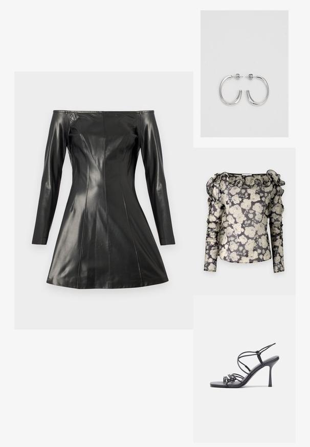 Prosojna črna bluzica z belim cvetličnim vzorcem, nabranim ovratnikom, dolgimi rokavi z nabranimi detajli in prilegajočim krojem.; Črna obleka brez naramnic, izdelana iz gladke usnje. Ima dolge rokave, natančno krojeno obliko in razpaseno krilo. Očitni šivi in podrobnosti teksture.; Črne visoke sandale na peto imajo tanke naramnice z vozlom, gladek kvadratni toe in eleganten stiletto peto.; Svetlo siva kovinska torbica z verižnim ročajem, okrašena z majhnimi okroglimi kovinskimi bleščicami in trikotnim logotipom blagovne znamke.; Srebrne obročaste uhane z gladko, sijočo površino. Zaobljena oblika, lahka zasnova, z zapiranjem na zatič.