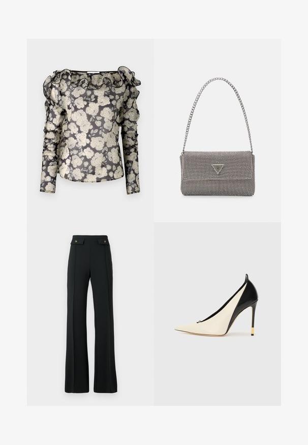 Doorzichtig zwarte blouse met een wit bloempatroon, gerimpelde halslijn, lange mouwen met gathered details en een aansluitend ontwerp.; Hoge taille zwarte flared broeken met voornaaddetails en twee met gouden knopen afgewerkte klepzakken op de taille.; Puntige hoge hak schoen van zwart patentleer en crèmekleurig leer. Voorzien van een gouden hak en een elegant ontwerp.; Lichtgrijze metallic handtas met een kettingriem, versierd met kleine ronde metallic studs en een driehoekig merkimago.