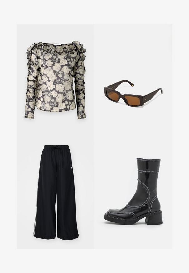 Sheer black blouse with white floral pattern, ruffled neckline, long sleeves with gathered details, and a fitted design.; Black wide-leg pants made from lightweight fabric. Features an elastic waistband with drawstring and white side stripes. Brand logo on hip.; Black patent leather ankle boot with white stitching, rounded toe, and block heel. Features curved design lines and a smooth texture.; Rectangular brown sunglasses with a dark brown plastic frame. Features brown tinted lenses and gold accent on the temple.; Black leather handbag with two elongated handles, zip closure, and rounded shape; smooth texture with subtle shiny finish.