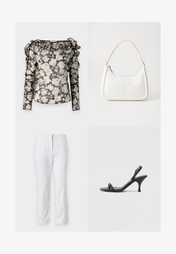 Kirkas musta paita, jossa on valkoinen kukkakuosi, röyhelökaulus, pitkät hihat, joissa on rypytettyjä yksityiskohtia, ja kapea malli.; Valkoiset puuvillahousut suoralla lahkeella, joissa on keskikorkea vyötärö ja ei näkyviä varusteita tai kuvioita. Ehjä pinta kauttaaltaan.; Mustat nahkaiset korkokengät, joissa on hoikka, kaareva korko ja ristiin menevä hihnadesign. Säädettävä nilkkahihna. Silkkinen pinta.; Valkoinen nahkalaukku, jossa on kaareva muotoilu, etupuolella kohokuvioitu "CK" -logo ja yksi olkahihna. Vetoketjukiinnitys ylhäällä.
