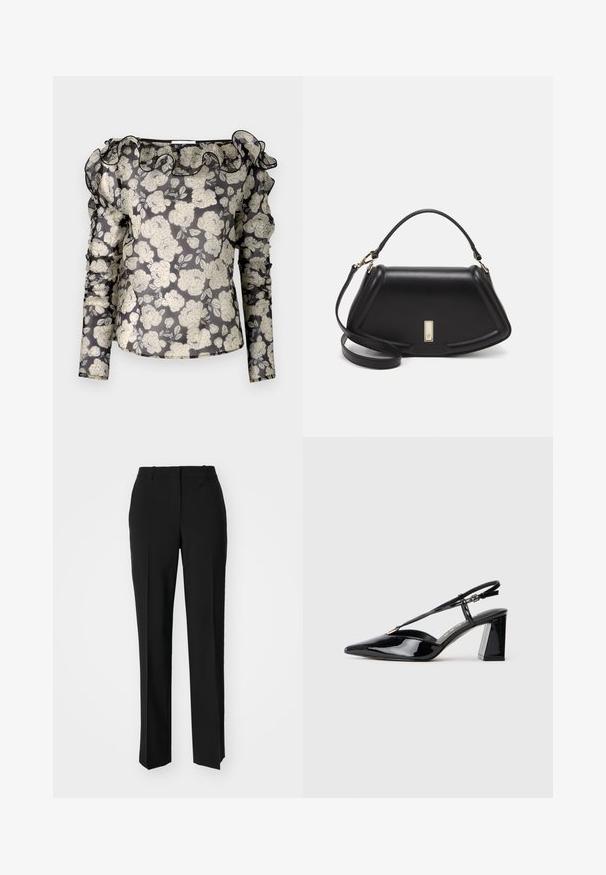 Průhledná černá blůza s bílým květinovým vzorem, volánkovým výstřihem, dlouhými rukávy se sklady a přiléhavým střihem.; Černé kalhoty na míru se střihem do rovna, které mají hladkou texturu a ostré sklady na přední straně. Bez viditelného kování.; Černé lakované slingback boty na vysokém podpatku s špičatou špičkou, nastavitelným páskem a masivním obdélníkovým podpatkem.; Černá kožená kabelka se strukturovaným designem, jejíž tvar je zkrácený, má horní rukojeť a zlaté kovové detaily. Součástí je i nastavitelný ramenní popruh.