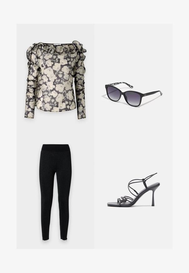 Átlátszó fekete blúz fehér virágmintával, fodros nyakkal, hosszú ujjak gyűrött részletekkel és testhezálló fazonnal.; Fekete leggings bordázott derékrésszel, texturált anyagból, diszkrét fényes felülettel, cipzárral a bokák mentén.; Fekete magas sarkú szandálok vékony pántokkal, csomózott mintával, sima négyzetes orral és karcsú stiletto sarkal rendelkeznek.; Fekete napszemüveg, fokozatos árnyalatú lencsékkel, négyzet alakú, és mintás fekete-fehér szárakkal. Ezüst logó díszítéssel rendelkezik.; Világosszürke fémes kézitáska lánc pánttal, kis kör alakú fém kifinomult díszítéssel és háromszög alakú márkagéppel.; Ezüst karika fülbevalók sima, fényes felülettel. Lekerekített forma, könnyű kialakítással, tűs zárómechanizmussal.