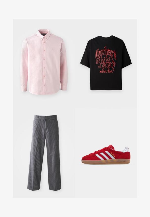 Lichtroze blouse van katoen met een zachte textuur, met lange mouwen, een kraag en een klein logo op de borst.; Zwarte T-shirt met korte mouwen van katoen, voorzien van een opvallende rode grafische print met drie leeuwfiguren en de tekst "Carhartt, Detroit, Mich."; Grijze pinstripe wijde broek met riemlussen, vlakke voorkant en rechte onderranden, weergegeven tegen een witte achtergrond.; Rode suède sneaker met een witte drie-strepenontwerp en gouden "Gazelle" tekst. Beschikt over een rubberen gumzool en een gestructureerde hiel.