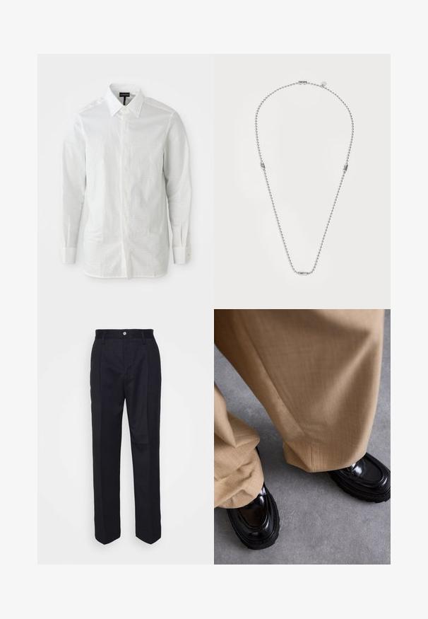 Camisa blanca de manga larga hecha de tela ligera, con un cuello estructurado, cierre frontal de botones y un sutil patrón texturizado en la tela.; Pantalones negros ajustados con un diseño de pierna recta, confeccionados en una tela suave, que cuentan con un cierre frontal de botón y dos bolsillos laterales.; Pantalones beiges con un acabado texturado, combinados con mocasines negros brillantes que tienen una suela gruesa y costuras de acento.; Collar de cuentas plateadas con elementos metálicos redondos y un cierre ovalado alargado. Textura suave, mide aproximadamente 50 cm de longitud.