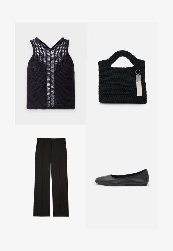 Top din tricot negru, cu decolteu în V, având panouri transparente cu dungi pe față. Textură canalată și potrivire ajustată.; Pantaloni negri, croiți, confecționați dintr-un material neted, cu un design drept și două buzunare laterale. Construcție elegantă și minimalistă.; Balerini din piele neagră, cu vârf rotund, textură netedă, detalii de cusătură minimale și un design al tălpii flexibil.; Won Hundred MARSIELLE COMPUTER BAG UNISEX - Geantă laptop - black