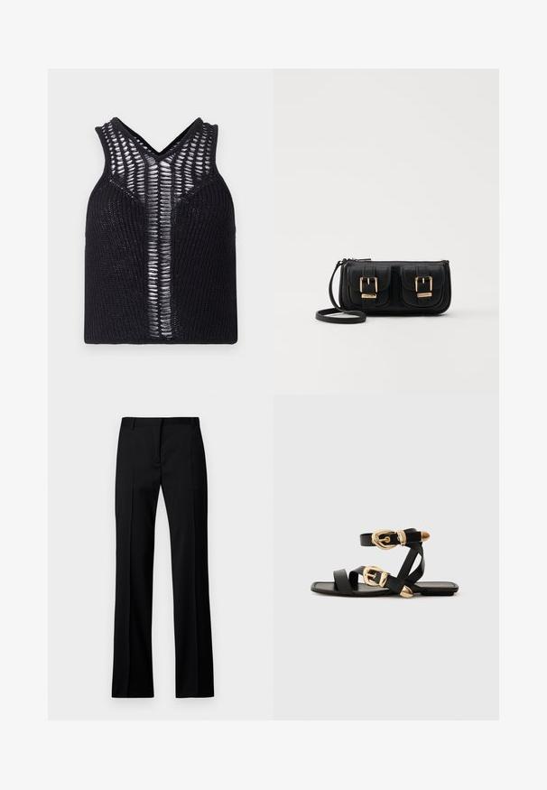 Crni pleteni top s V izrezom, s prozirnim prugastim panelima sprijeda. Rebrasta tekstura s uskim krojem.; Crne ravne hlače od glatke tkanine, s ravnim prednjim dijelom, petljama za remen i bez vidljivih džepova ili ukrasa.; Crne kožne sandale s zlatnim kopčama, s više trakica i ravnim đonom za nošenje s otvorenim prstima.; Crna kožna torba preko ramena s dva prednja džepa, zlatnim kopčama, zatvaranjem na zip i uskim remenom. Teksturirana površina i kompaktan pravokutan oblik.