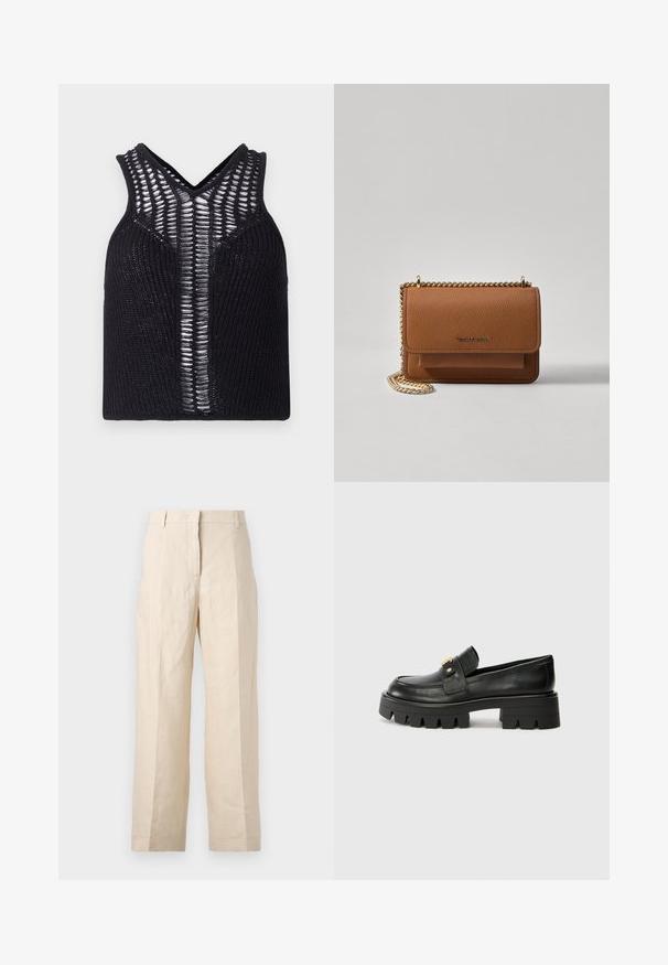 Črn pleten tank top z V-izrezom, ki ima stranske prozorne panele spredaj. Rebričasta tekstura z oprijetim krojem.; Bež lanene hlače z ohlapnim krojem, z gubami spredaj in ravnimi nogami. Imajo pas z zankami za pas in brez vidnih žepov.; Črne usnjene loaferje z debelim podplatom, ki imajo zlatoten naglas na sprednji strani in gladko površino. Debela oblika profila na podplatu.; Rjava teksturirana usnjena torba čez ramo z zlatim verižnim trakom in zapiranjem na pokrov. Spredaj je vidna podrobnost logotipa in žep pod pokrovom.