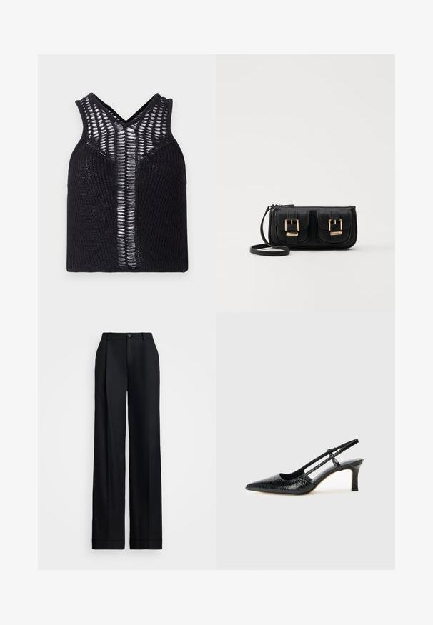 Juodas megztas liemenukas su V formos iškirpte, priekį puošiančiais juostuotais permatomais skydeliais. Raštuotas audinys su tvirtu prigludimu.; Juoda plati kelnė su lygiu paviršiumi, plokščiu priekiu, diržo kilpos ir vienu mygtukiniu užsegimu juosmens. ; Juodai lakuoti slingback aukštakulniai su smailiu nosiu, su tekstūruotu gyvatės raštu, reguliuojama juosta ir trumpu, tekstūruotu blokiniu kulnu.; Juodas odinis per petį nešiojamas krepšys su dviem priekiniais kišenėmis, auksiniais sagtimis, užtrauktuko uždarymu ir siauromis petnešomis. Textūruota paviršius ir kompaktiškas stačiakampis formatas.